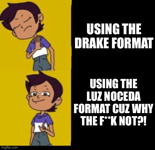 I found these template and I just had to use it ;) | USING THE DRAKE FORMAT; USING THE LUZ NOCEDA FORMAT CUZ WHY THE F**K NOT?! | image tagged in the owl house drake,cartoons,disney,drake hotline bling | made w/ Imgflip meme maker