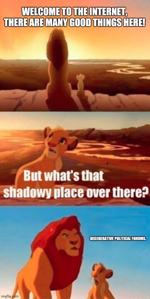 Simba Shadowy Place | WELCOME TO THE INTERNET, THERE ARE MANY GOOD THINGS HERE! DEGENERATIVE POLITICAL FORUMS. | image tagged in memes,simba shadowy place,dark | made w/ Imgflip meme maker