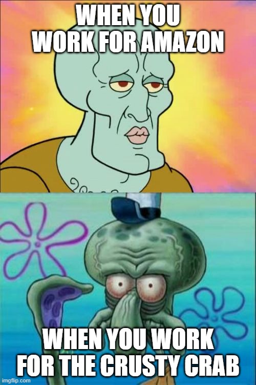Which one | WHEN YOU WORK FOR AMAZON; WHEN YOU WORK FOR THE CRUSTY CRAB | image tagged in memes,squidward | made w/ Imgflip meme maker