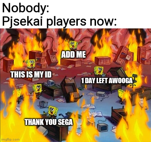 Us pjsekai players when pjsekai announced there will be friend system soon | Nobody:
Pjsekai players now:; ADD ME; THIS IS MY ID; 1 DAY LEFT AWOOGA; THANK YOU SEGA | image tagged in spongebob fire | made w/ Imgflip meme maker