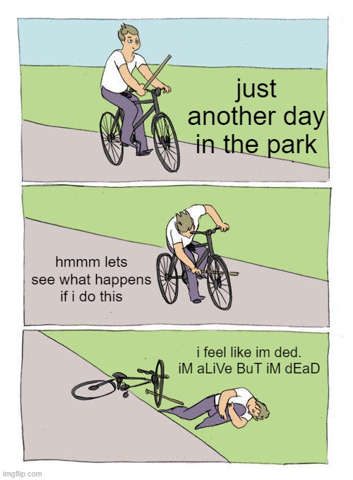 Bike Fall Meme | just another day in the park; hmmm lets see what happens if i do this; i feel like im ded. iM aLiVe BuT iM dEaD | image tagged in memes,bike fall | made w/ Imgflip meme maker
