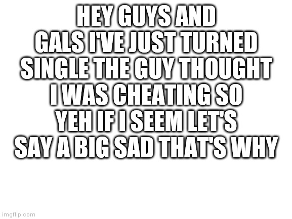 So yeh | HEY GUYS AND GALS I'VE JUST TURNED SINGLE THE GUY THOUGHT I WAS CHEATING SO YEH IF I SEEM LET'S SAY A BIG SAD THAT'S WHY | image tagged in blank white template | made w/ Imgflip meme maker