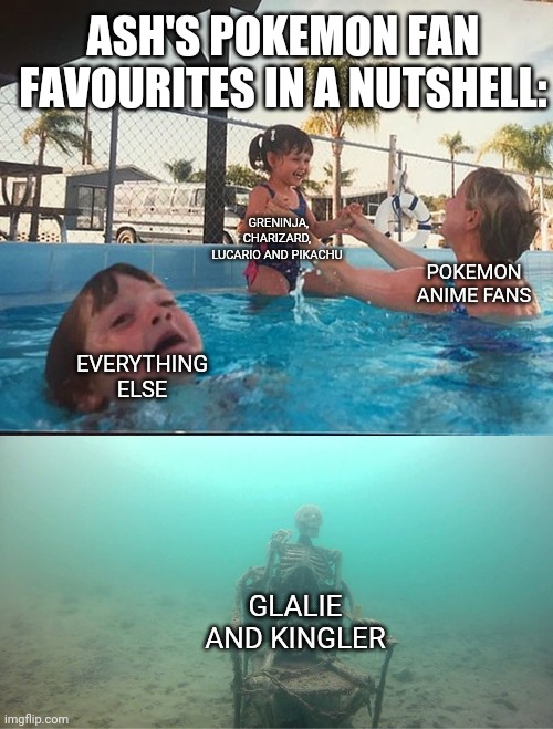 For all the fans who watch the Pokemon anime | ASH'S POKEMON FAN FAVOURITES IN A NUTSHELL:; GRENINJA, CHARIZARD, LUCARIO AND PIKACHU; POKEMON ANIME FANS; EVERYTHING ELSE; GLALIE AND KINGLER | image tagged in mother ignoring kid drowning in a pool,pokemon,ash ketchum | made w/ Imgflip meme maker