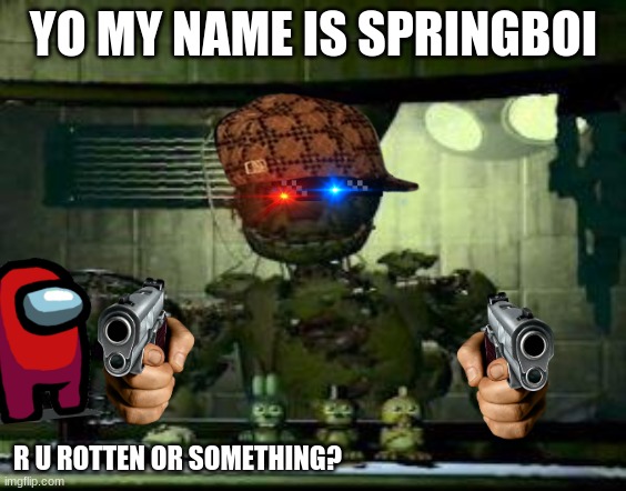 Crewmate rekt Springtrap in FNAF | YO MY NAME IS SPRINGBOI; R U ROTTEN OR SOMETHING? | image tagged in fnaf springtrap in window | made w/ Imgflip meme maker