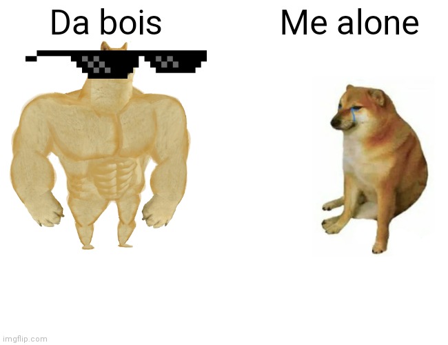 Buff Doge vs. Cheems Meme | Da bois; Me alone | image tagged in memes,buff doge vs cheems | made w/ Imgflip meme maker