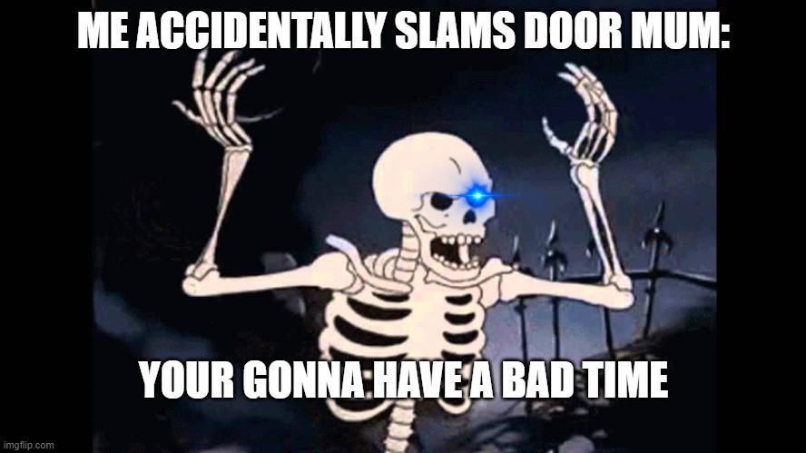 Spooky Skeleton | ME ACCIDENTALLY SLAMS DOOR MUM:; YOUR GONNA HAVE A BAD TIME | image tagged in spooky skeleton | made w/ Imgflip meme maker