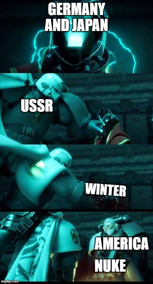 Astartes Execution | GERMANY AND JAPAN; USSR; WINTER; AMERICA; NUKE | image tagged in astartes execution | made w/ Imgflip meme maker