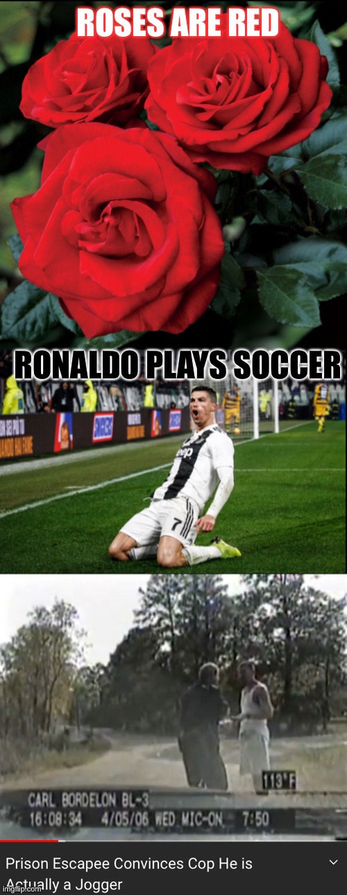 That water bottle... | ROSES ARE RED; RONALDO PLAYS SOCCER | image tagged in funny memes,funny,memes,rhymes | made w/ Imgflip meme maker