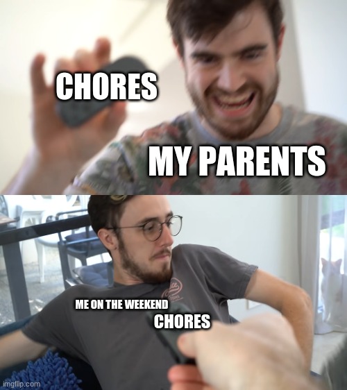 Relatable? | CHORES; MY PARENTS; ME ON THE WEEKEND; CHORES | image tagged in single joycon,responsibility | made w/ Imgflip meme maker
