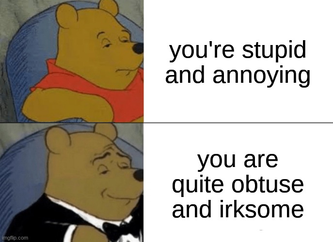 Tuxedo Winnie The Pooh | you're stupid and annoying; you are quite obtuse and irksome | image tagged in memes,tuxedo winnie the pooh | made w/ Imgflip meme maker