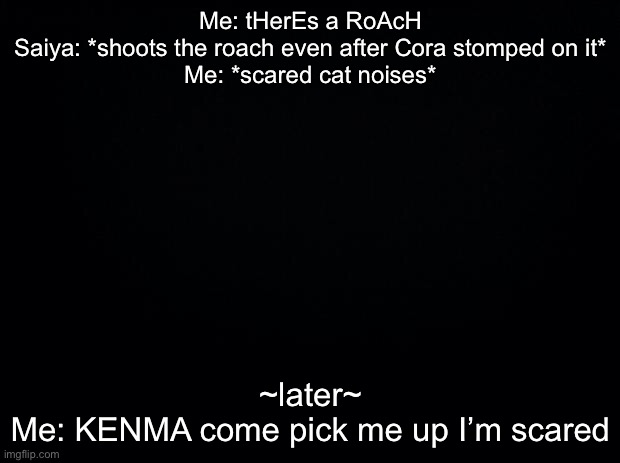 Black background | Me: tHerEs a RoAcH
Saiya: *shoots the roach even after Cora stomped on it*
Me: *scared cat noises*; ~later~
Me: KENMA come pick me up I’m scared | image tagged in black background | made w/ Imgflip meme maker