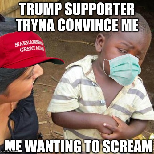 Dont be trumpet | TRUMP SUPPORTER TRYNA CONVINCE ME; ME WANTING TO SCREAM | image tagged in memes,third world skeptical kid | made w/ Imgflip meme maker