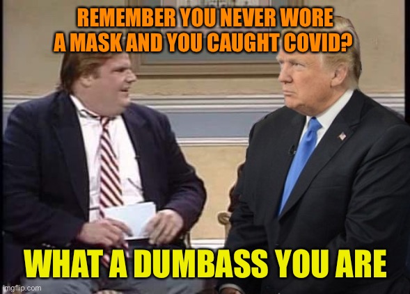 Chris Farley and Trump | REMEMBER YOU NEVER WORE A MASK AND YOU CAUGHT COVID? WHAT A DUMBASS YOU ARE | image tagged in chris farley and trump | made w/ Imgflip meme maker