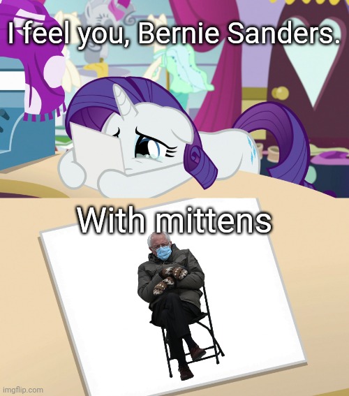 Who wants this image on here?! | I feel you, Bernie Sanders. With mittens | image tagged in rarity's sadness memories mlp,bernie i am once again asking for your support,bernie sanders,bernie mittens,memes | made w/ Imgflip meme maker