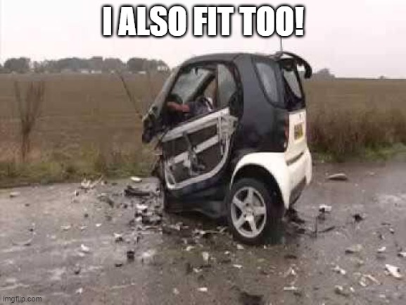 Smart Car Crash | I ALSO FIT TOO! | image tagged in smart car crash | made w/ Imgflip meme maker