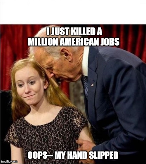 PEDO JOE BIDEN | I JUST KILLED A MILLION AMERICAN JOBS; OOPS-- MY HAND SLIPPED | image tagged in biden | made w/ Imgflip meme maker