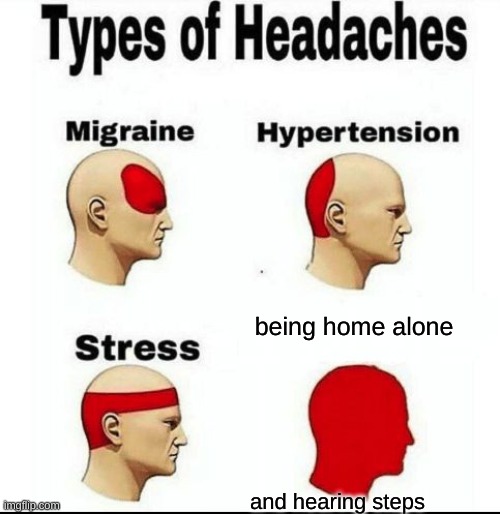 Types of Headaches meme | being home alone; and hearing steps | image tagged in types of headaches meme | made w/ Imgflip meme maker