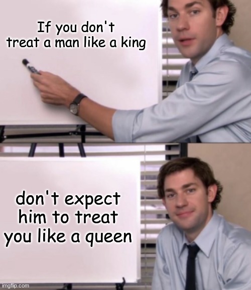 checkmate women. | If you don't treat a man like a king; don't expect him to treat you like a queen | image tagged in jim halpert white board template | made w/ Imgflip meme maker