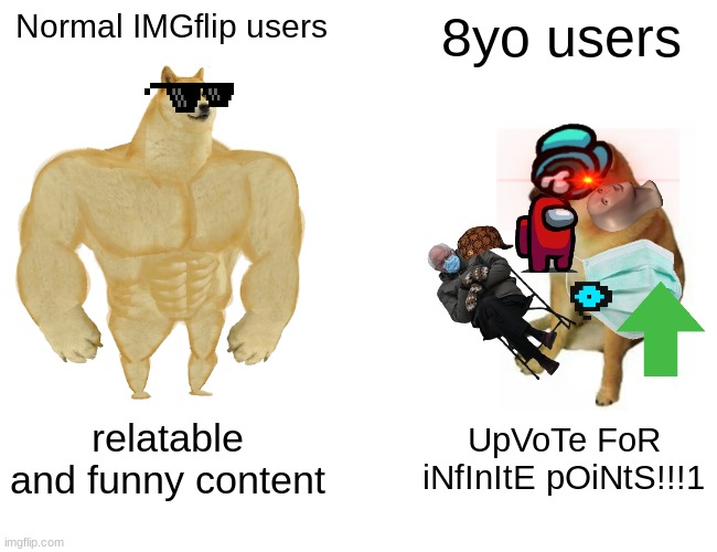 Repost | Normal IMGflip users; 8yo users; relatable and funny content; UpVoTe FoR iNfInItE pOiNtS!!!1 | image tagged in memes,buff doge vs cheems | made w/ Imgflip meme maker