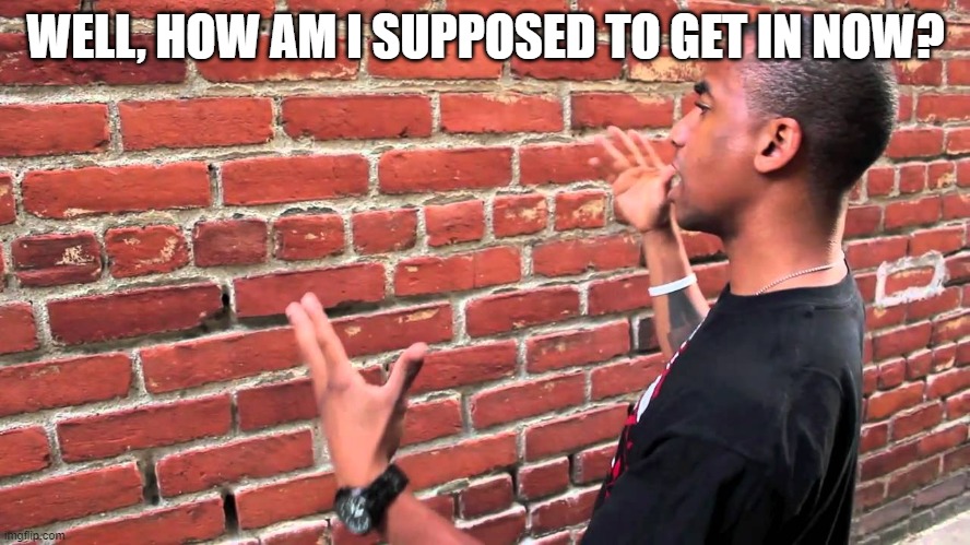 Talking to wall | WELL, HOW AM I SUPPOSED TO GET IN NOW? | image tagged in talking to wall | made w/ Imgflip meme maker