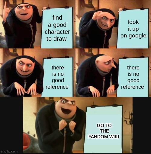find a good character to draw; look it up on google; there is no good reference; there is no good reference; GO TO THE FANDOM WIKI | image tagged in memes,gru's plan,artwork,drawing | made w/ Imgflip meme maker
