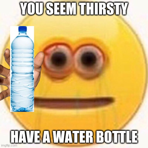 Water bottle | YOU SEEM THIRSTY; HAVE A WATER BOTTLE | image tagged in cursed emoji | made w/ Imgflip meme maker