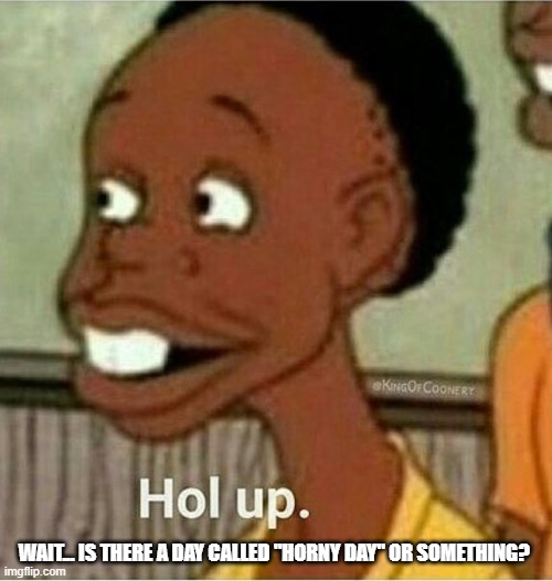 in this stream ofc. | WAIT... IS THERE A DAY CALLED "HORNY DAY" OR SOMETHING? | image tagged in hol up | made w/ Imgflip meme maker