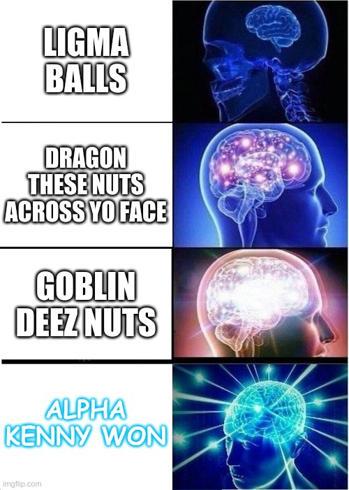 Insult Chart | LIGMA BALLS; DRAGON THESE NUTS ACROSS YO FACE; GOBLIN DEEZ NUTS; ALPHA KENNY WON | image tagged in memes,expanding brain | made w/ Imgflip meme maker