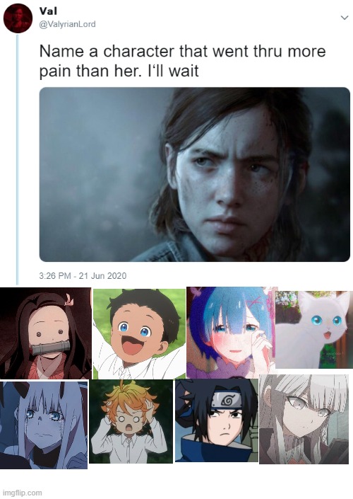 Name one character who went through more pain than her | image tagged in name one character who went through more pain than her | made w/ Imgflip meme maker
