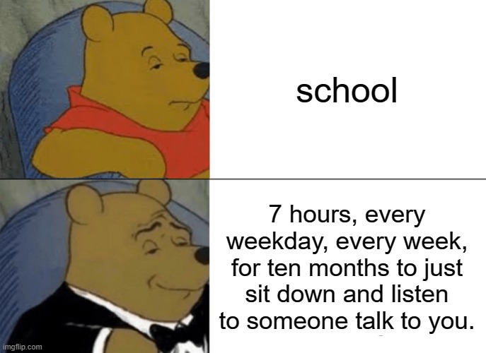 Tuxedo Winnie The Pooh | school; 7 hours, every weekday, every week, for ten months to just sit down and listen to someone talk to you. | image tagged in memes,tuxedo winnie the pooh | made w/ Imgflip meme maker