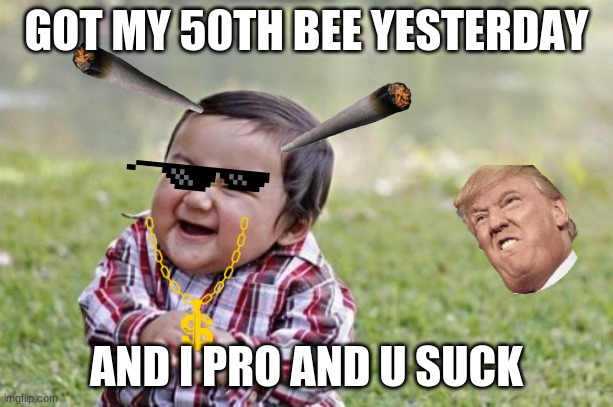 when you get 50 bees in roblox bee swarm sim | GOT MY 50TH BEE YESTERDAY; AND I PRO AND U SUCK | image tagged in memes,evil toddler | made w/ Imgflip meme maker