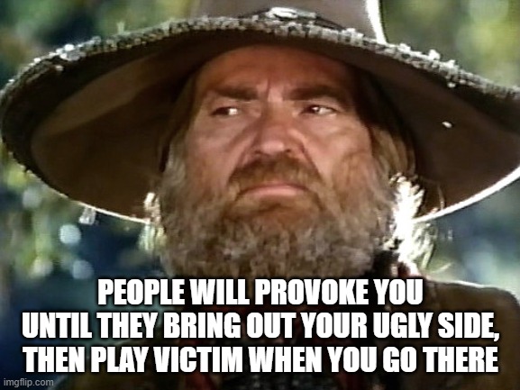 Ugly Side | PEOPLE WILL PROVOKE YOU UNTIL THEY BRING OUT YOUR UGLY SIDE, THEN PLAY VICTIM WHEN YOU GO THERE | image tagged in barbarosa,willie nelson,provoke | made w/ Imgflip meme maker