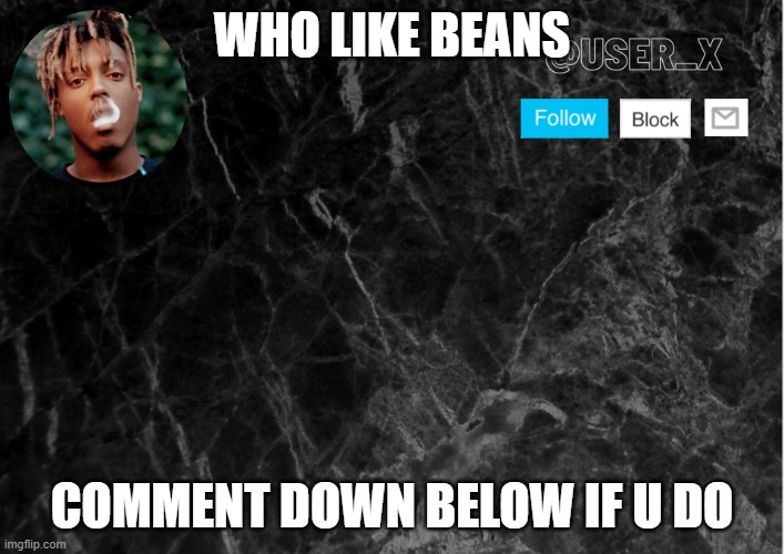 lol | WHO LIKE BEANS; COMMENT DOWN BELOW IF U DO | image tagged in user_x template | made w/ Imgflip meme maker