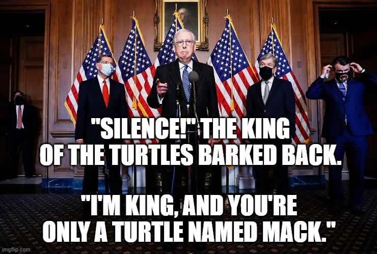 Yertle the Turtle | "SILENCE!" THE KING OF THE TURTLES BARKED BACK. "I'M KING, AND YOU'RE ONLY A TURTLE NAMED MACK." | image tagged in i am the senate | made w/ Imgflip meme maker