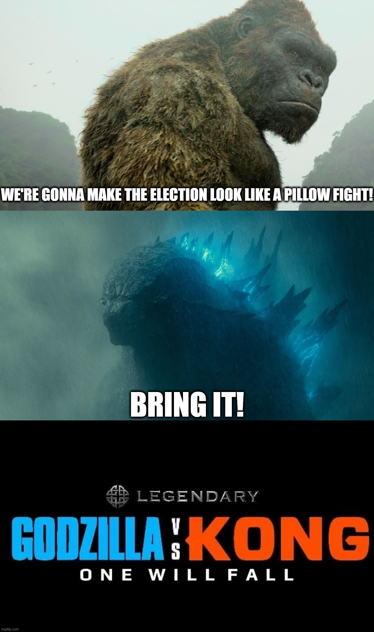 Godzilla vs Kong | WE'RE GONNA MAKE THE ELECTION LOOK LIKE A PILLOW FIGHT! BRING IT! | image tagged in godzilla vs kong | made w/ Imgflip meme maker