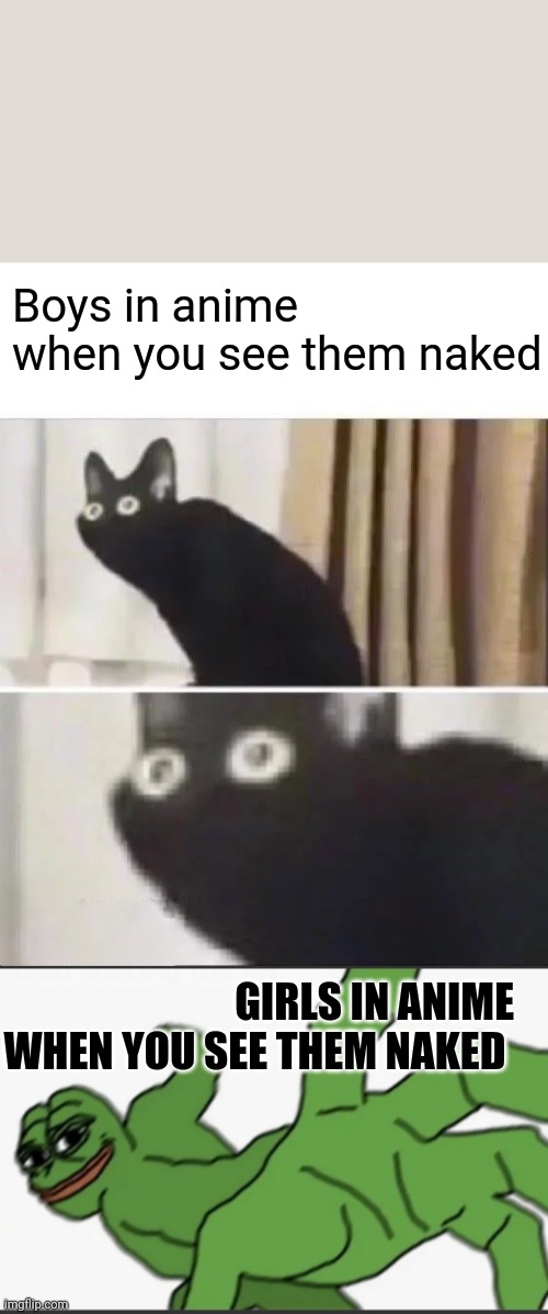 Boys in anime when you see them naked; GIRLS IN ANIME WHEN YOU SEE THEM NAKED | image tagged in oh no black cat | made w/ Imgflip meme maker