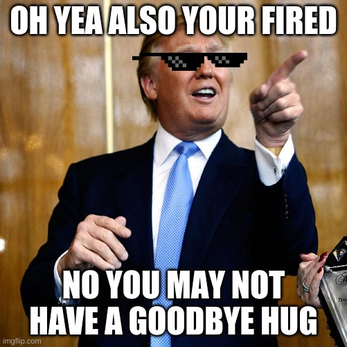 trump | OH YEA ALSO YOUR FIRED; NO YOU MAY NOT HAVE A GOODBYE HUG | image tagged in donal trump birthday | made w/ Imgflip meme maker