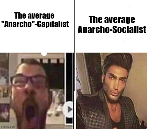 Average Fan vs. Average Enjoyer | The average Anarcho-Socialist; The average 
"Anarcho"-Capitalist | image tagged in average fan vs average enjoyer | made w/ Imgflip meme maker