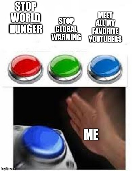 Red Green Blue Buttons | STOP GLOBAL WARMING; MEET ALL MY FAVORITE YOUTUBERS; STOP WORLD HUNGER; ME | image tagged in red green blue buttons | made w/ Imgflip meme maker