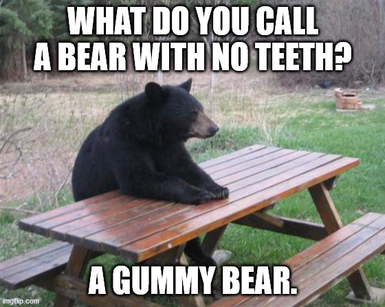 Papa Bear Joke |  WHAT DO YOU CALL A BEAR WITH NO TEETH? A GUMMY BEAR. | image tagged in dad joke,pun,bad pun,humor,funny | made w/ Imgflip meme maker