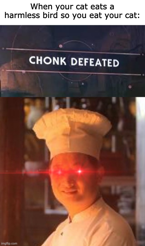 Chonk Defeated | When your cat eats a harmless bird so you eat your cat: | image tagged in star wars,cat,chinese,chinese food,eating,weird | made w/ Imgflip meme maker