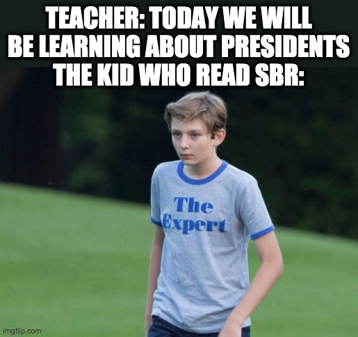sbr meme | TEACHER: TODAY WE WILL BE LEARNING ABOUT PRESIDENTS
THE KID WHO READ SBR: | image tagged in the expert | made w/ Imgflip meme maker