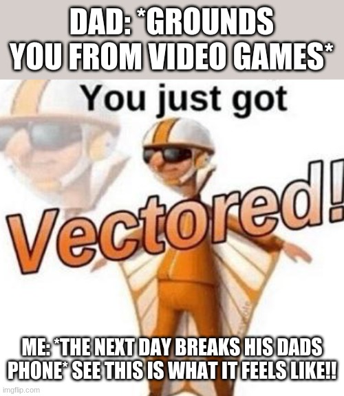 You got Vectored!! | DAD: *GROUNDS YOU FROM VIDEO GAMES*; ME: *THE NEXT DAY BREAKS HIS DADS PHONE* SEE THIS IS WHAT IT FEELS LIKE!! | image tagged in you just got vectored | made w/ Imgflip meme maker