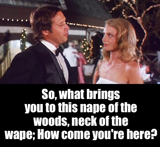 So, what brings you to this nape of the woods, neck of the wape; How come you're here? | made w/ Imgflip meme maker