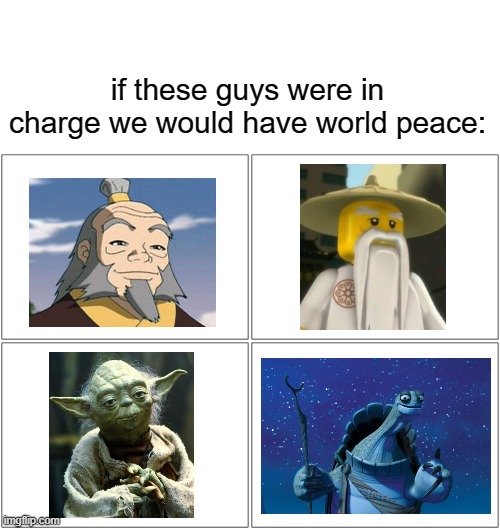 * W I Z D U M * | if these guys were in charge we would have world peace: | image tagged in blank white template,memes,blank comic panel 2x2,wisdom,yoda,barney will eat all of your delectable biscuits | made w/ Imgflip meme maker