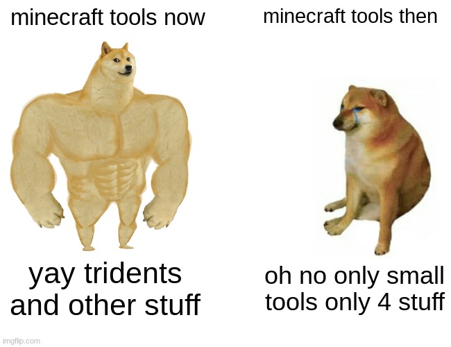 Buff Doge vs. Cheems | minecraft tools now; minecraft tools then; yay tridents and other stuff; oh no only small tools only 4 stuff | image tagged in memes,buff doge vs cheems | made w/ Imgflip meme maker