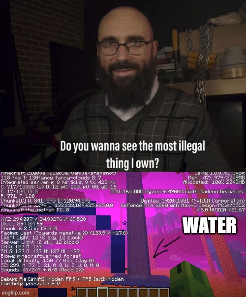nether water | WATER | image tagged in do you want to see the most illegal thing i own | made w/ Imgflip meme maker