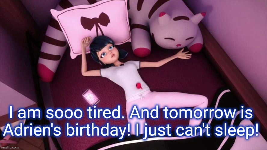 Miraculous Ladybug Marinette In bed | I am sooo tired. And tomorrow is Adrien's birthday! I just can't sleep! | image tagged in miraculous ladybug marinette in bed | made w/ Imgflip meme maker