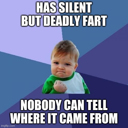 Silent But Deadly | HAS SILENT BUT DEADLY FART; NOBODY CAN TELL WHERE IT CAME FROM | image tagged in memes,success kid,fart,silent but deadly,lol | made w/ Imgflip meme maker