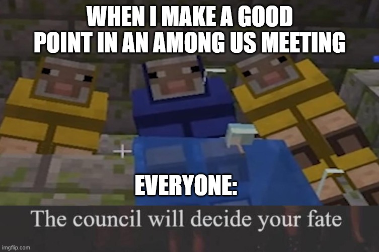 the council will decide your fate | WHEN I MAKE A GOOD POINT IN AN AMONG US MEETING; EVERYONE: | image tagged in the council will decide your fate | made w/ Imgflip meme maker